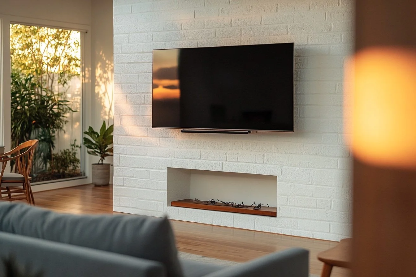 75-inch TV mounted above white brick fireplace in Hyde Park Tampa, all wires concealed