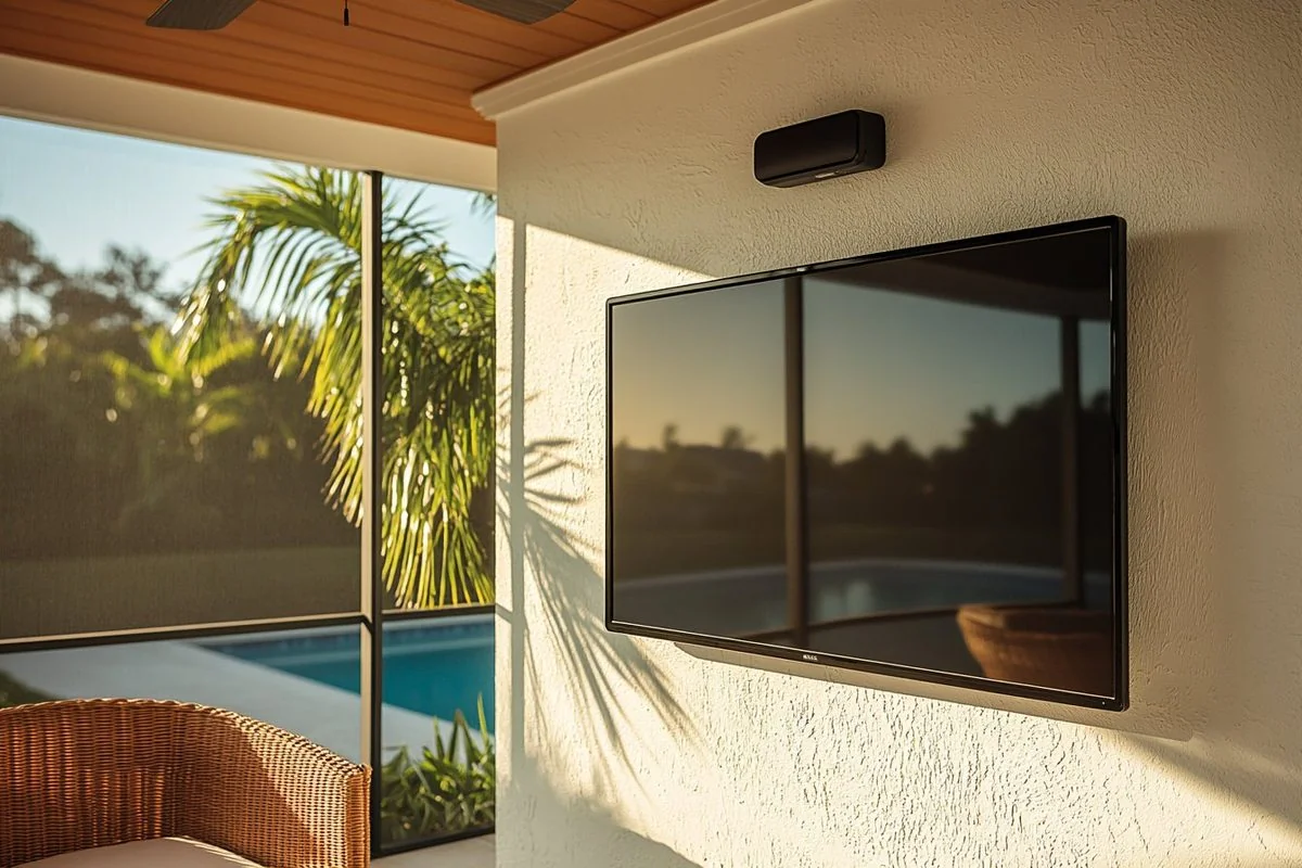 Outdoor weatherproof TV mounted on Riverview lanai patio