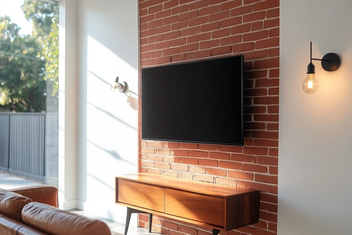 TV mounted on red brick wall in Ybor City Tampa loft
